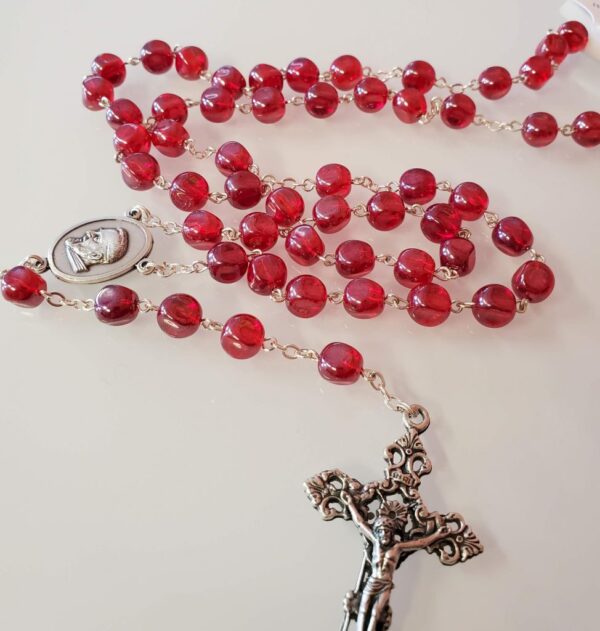 Glass Ruby Padre Pio Relic Rosary