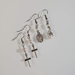 Miraculous Medal and Cross Pearl Earrings
