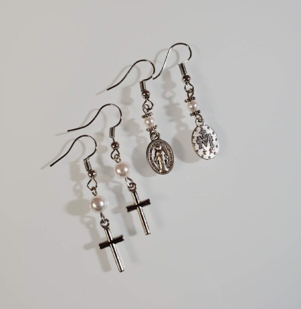 Miraculous Medal and Cross Pearl Earrings