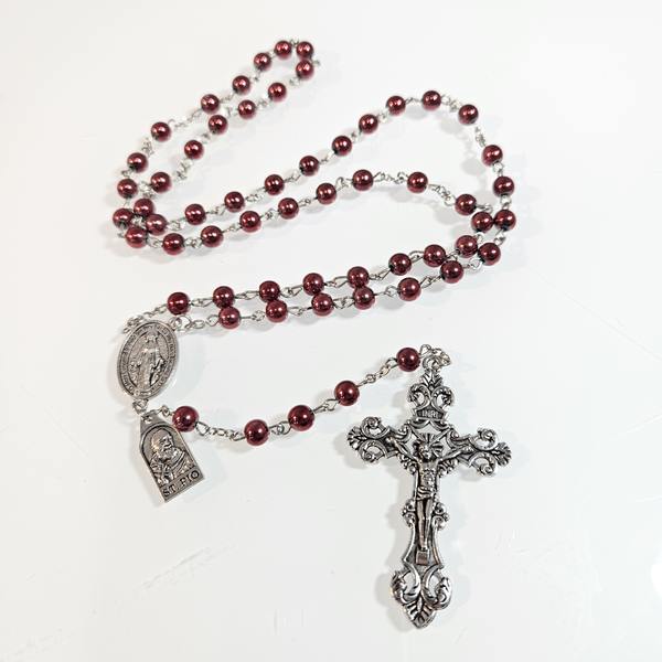 NEW! Burgundy Hematite Saint Pio and Miraculous Medal Rosary