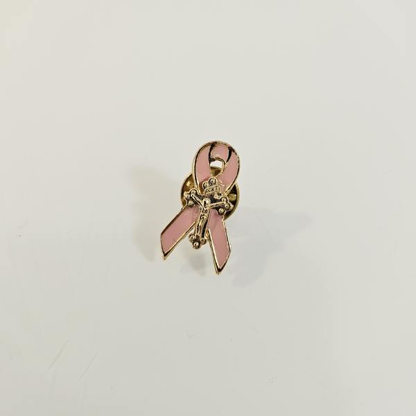 Pink Ribbon with Cross Lapel Pin