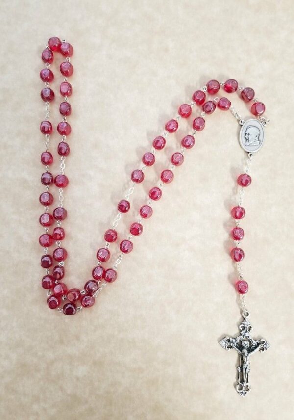 Glass Ruby Padre Pio Relic Rosary - Image 2